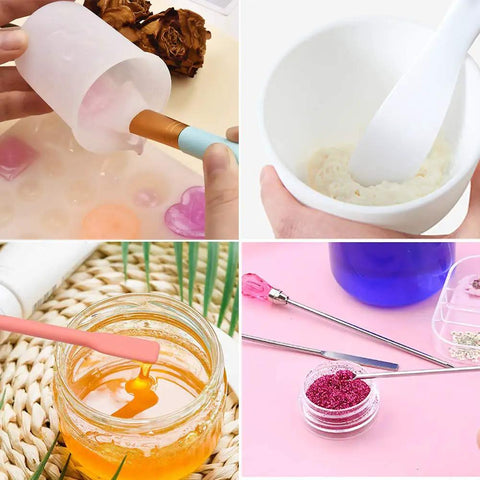 Usage examples of Dope Silicone Stir Sticks Kit 16Pcs for resin epoxy crafting, showing stirring tools in action with resin, paint, and glitter.