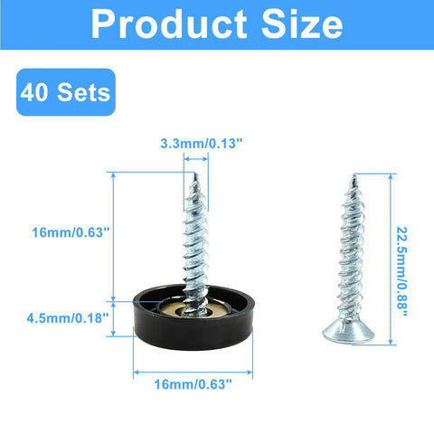 40 Piece Black 16mm Stainless Steel Mirror Screw Covers With Copper Washers And Decorative Caps For Glass Furniture Wardrobes And Tables product size chart showing measurements of screws and washers.