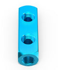 Four Piece Two Way Five Port Aluminum Air Compressor Manifold With One Quarter Inch Output Port And One Quarter Inch Supply Port Durable Aluminum Air Distribution Block Splitter For Easy Pneumatic Connections, showing top view of blue aluminum block with two visible ports.