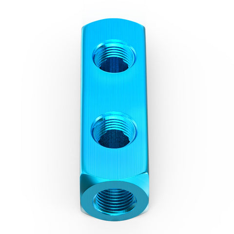Four Piece Two Way Five Port Aluminum Air Compressor Manifold With One Quarter Inch Output Port And One Quarter Inch Supply Port Durable Aluminum Air Distribution Block Splitter For Easy Pneumatic Connections, showing top view of blue aluminum block with two visible ports.