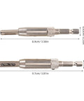 Self Centering Door Hinge Drill Bits Set For Perfect Cabinet And Furniture Installations With Precision Puncher Attachment For Power Tools, showing two bits with measurements.