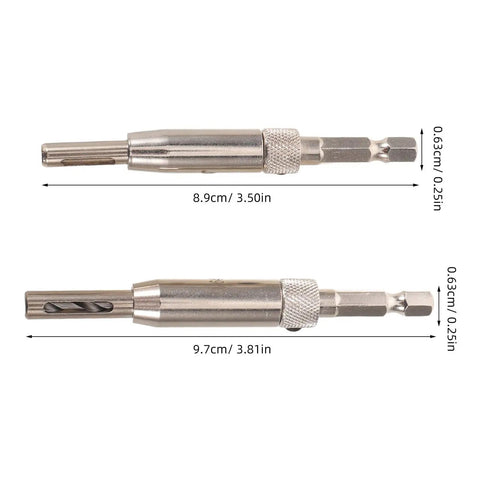Self Centering Door Hinge Drill Bits Set For Perfect Cabinet And Furniture Installations With Precision Puncher Attachment For Power Tools, showing two bits with measurements.