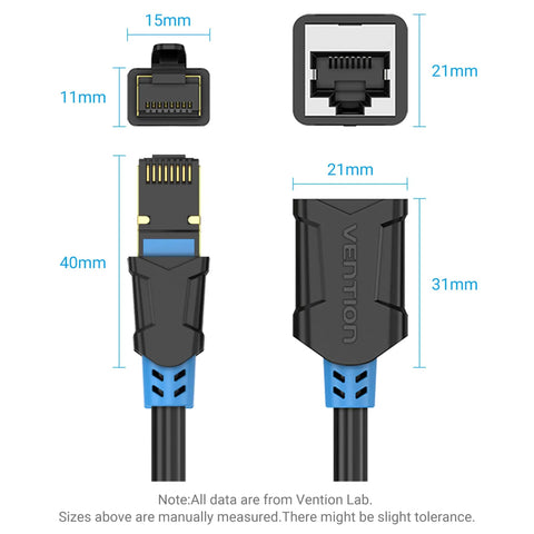 Diagram showing dimensions of Cat6 Ethernet Extension Cable 10ft 3m Shielded SSTP Patch Cable RJ45 Male To Female Network Cable