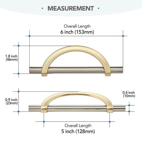 Measurement of Brushed Brass And Brushed Nickel Cabinet Pulls, 5 Inch Center To Center Curved Handles, 10 Pack