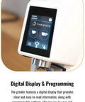 Next Level Electric Burr Coffee Grinder With 58mm Flat Stainless Steel Burrs And Quick Touchscreen Panel displaying digital programming screen.