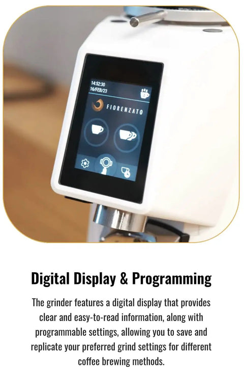Next Level Electric Burr Coffee Grinder With 58mm Flat Stainless Steel Burrs And Quick Touchscreen Panel displaying digital programming screen.