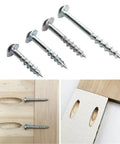 100Pcs Pocket Hole Screws Set For Woodworking Self Tapping Oblique Hole Galvanized Screws ST4-25 And ST4-38 displayed with wood joints