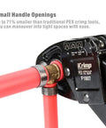 Combo Angle Head PEX Crimp Tool For One Half Inch And Three Quarter Inch Copper Crimp Jaw Sets showing crimping on red PEX pipe
