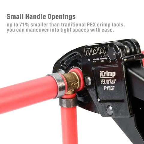 Combo Angle Head PEX Crimp Tool For One Half Inch And Three Quarter Inch Copper Crimp Jaw Sets showing crimping on red PEX pipe