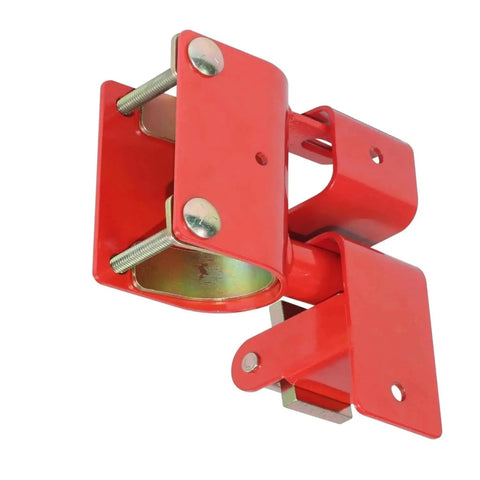 Bully Proof One Way Locking Red Gate Latch For Cattle Ranch Fence Secure Livestock Entry Lock Built Tough Heavy Duty close-up view.