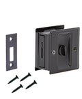 Privacy Sliding Door Lock With Pull For Pocket Doors In Matte Black No Nonsense Solid Brass Construction, Reversible, shown with screws