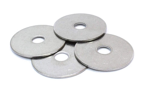 Five stainless steel fender washers with centered holes, overlapping in a small stack