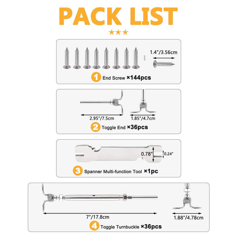 36 Pairs Stainless Steel Cable Railing Kit For 1 Eighth Inch Wire Rope With 180 Degree Adjustable Swage Toggle Turnbuckles And End Fittings
