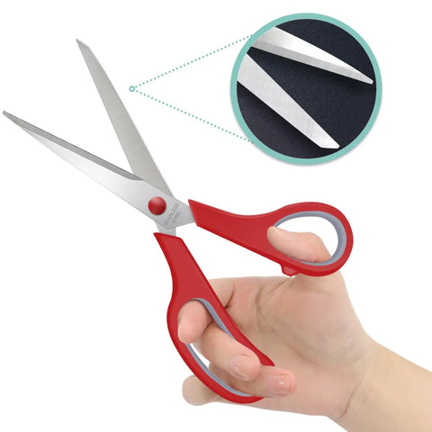 Three Pack 8 Inch All Purpose Scissors Bulk Set For Home, Office And School, Heavy Duty Stainless Steel Craft Snips, Sharp Paper Cutting Shears, Multipurpose Utility Scissors In Red, Yellow, And Blue red handled stainless steel scissors shown open with close-up blade detail