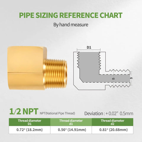 Pipe sizing chart with dimensions for Beefy Brass 90 Degree Pipe Elbow Fittings Half Inch NPT Male To Half Inch NPT Female 2 Pack