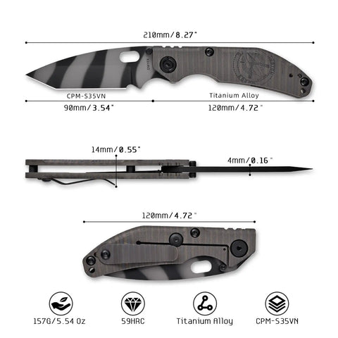 Duane Dwyer Collaboration Folding Knife 3.54 Inch CPM S35VN Blade with titanium handle showing dimensions and features