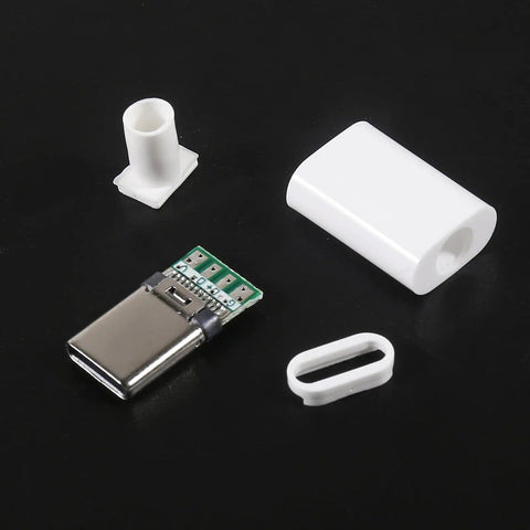 USB 3.1 Type C 24-Pin Male Plug Socket Receptacle For Soldering Wires And Cables, components shown disassembled on black background