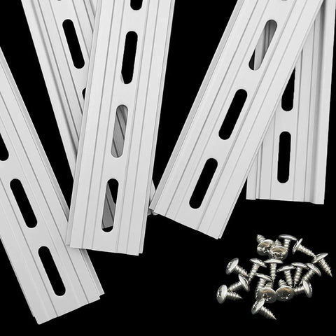 Five Pack 12 Inch Aluminum DIN Rails Top Hat Slotted 35mm Wide By 7.5mm High By 12 Inch Length With Ten MXU-DIN-100 Screws For Quick Easy Hardware Mounting In Electrical Panels Corrosion Resistant Durable And Ready For Fast Install. Five aluminum slotted DIN rails with screws