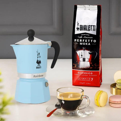 Rainbow Stovetop Espresso Maker Moka Pot For 3 Cups Aluminum Light Blue With Easy Pour Spout And Ergonomic Anti Scald Handle