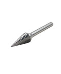 Pro Grade Double Cut Tungsten Carbide Burr Rotary File With One Quarter Inch Shank And One Half Inch Cutter Diameter Twenty Five Degree Pointed Cone For Die Grinder And Drill Bit Two And Three Quarter Inch Total Length, side view on white background.
