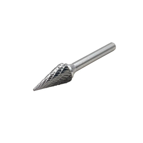 Pro Grade Double Cut Tungsten Carbide Burr Rotary File With One Quarter Inch Shank And One Half Inch Cutter Diameter Twenty Five Degree Pointed Cone For Die Grinder And Drill Bit Two And Three Quarter Inch Total Length, side view on white background.