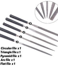 Set of six metal files with various shapes in 27 Piece Modeler Tools Craft Set For Miniatures Mecha Cars And Robots Ideal For Hobby Builds