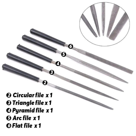 Set of six metal files with various shapes in 27 Piece Modeler Tools Craft Set For Miniatures Mecha Cars And Robots Ideal For Hobby Builds