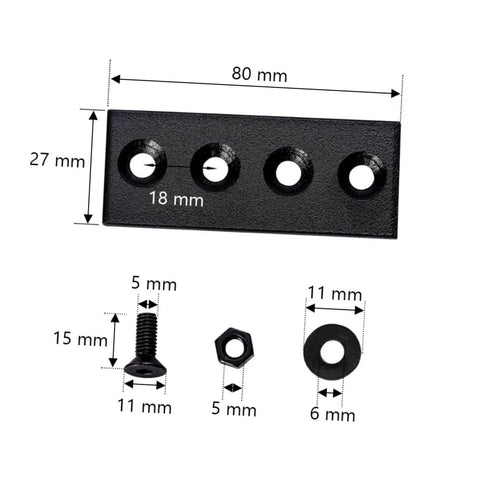 Metal Track Connection Plate Set For Barn Door Fixes Straight Brace Brackets And Fixing Plates with dimensions and screws.