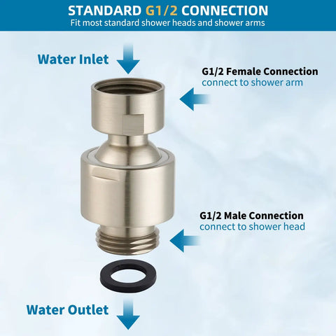 All Metal Shower Head Swivel Ball Joint Adapter For Solid Brass Adjustable Shower Arm Connector And Extension, Universal Showerhead Connector, Brushed Nickel Finish, No Leak Design, Heavy Duty, Leak-Free Performance; G1/2 brass adapter with O-ring