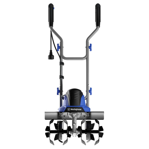 Front view of 18 Inch Corded Electric Tiller Cultivator With 15 Amp Power For Gardening 400 RPM 6 Steel Blades 8 Inch Blade Diameter
