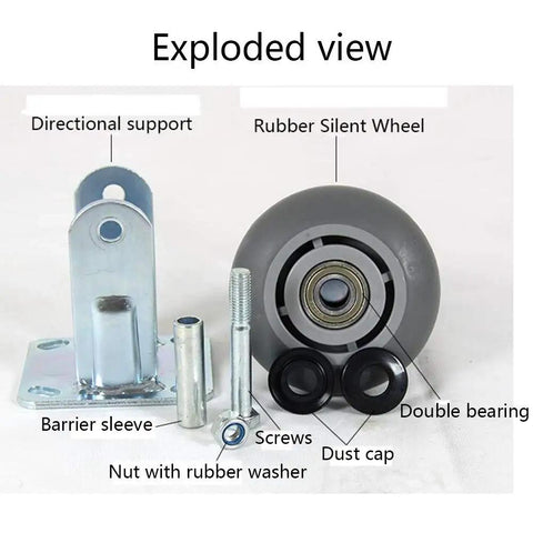 Exploded view of Badass Heavy Duty Silent Rubber Caster Wheels With Fixed Industrial Brakes showing components like rubber wheel, bearings, and supports.