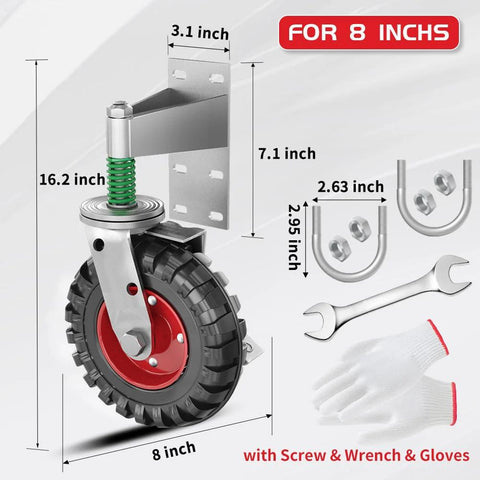 8 Inch Gate Wheel With Brake For Metal Tube Gates 600 lb Capacity 360 Degree Swivel Heavy Duty Gate Caster Spring Loaded