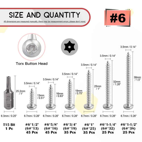 210 Piece Stainless Steel Button Head Torx Sheet Metal Screws Set With Tamper Proof Security, Includes T15 Bit, various sizes