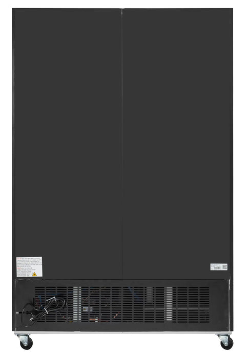 Back view of Top Shelf Commercial Glass Two Door Display Refrigerator And Upright Beverage Cooler With Bright LED Lighting.