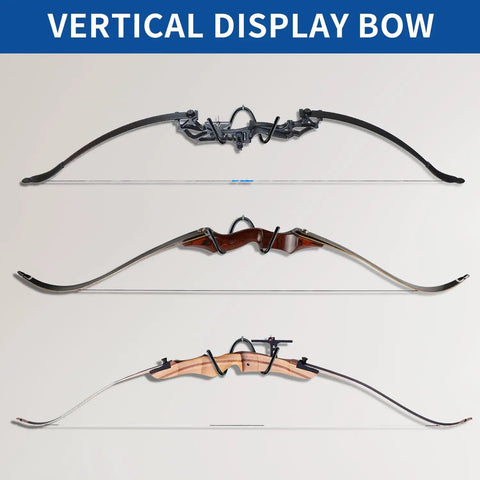 Pack Of 2 Bow Hanger Wall Mounts Adjustable Bow Holder Rack displaying three different bow types vertically.