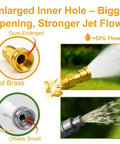 Garden hose, 25ft orange-black with solid brass fittings; spray nozzle and brass vs plastic fitting comparison collage.