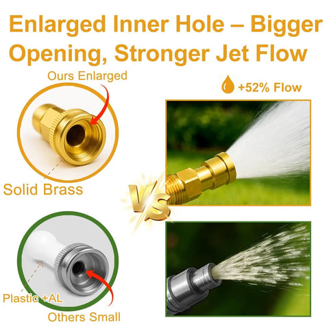 Garden hose, 25ft orange-black with solid brass fittings; spray nozzle and brass vs plastic fitting comparison collage.