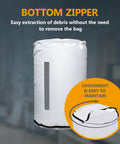 Bottom Dust Collector Bag 20 Inch Diameter By 30 Inch High With Clear Window And Zipper, showing bottom zipper and easy maintenance