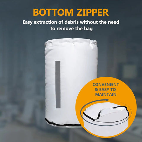 Bottom Dust Collector Bag 20 Inch Diameter By 30 Inch High With Clear Window And Zipper, showing bottom zipper and easy maintenance