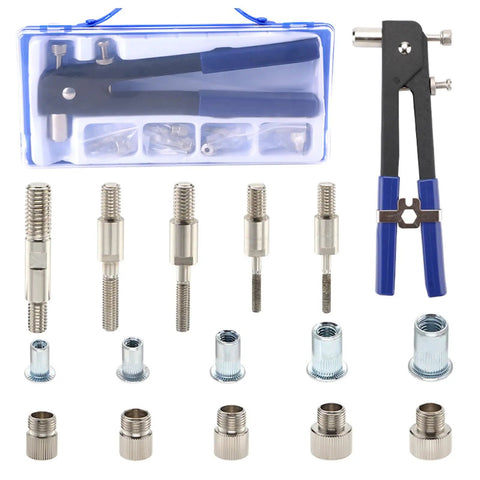 Heavy Duty Rivet Nut Tool Kit Includes Wrench Handle And Assorted Blind Nut Rivets For Car Repair Boat Building Furniture Assembly Plus Trailer Fixing Projects With Easy To Use Threaded Insert Fasteners That Make Your Work Way More Efficient, blue case