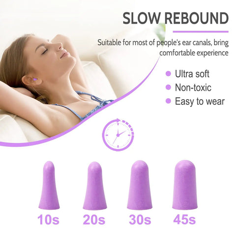 Ultra Soft Foam Earplugs For Sleeping And Travel, 38dB Noise Reduction, woman relaxing with purple earplugs, slow expansion chart