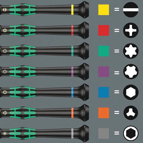 Set of the Pro Grade Micro Hex Screwdriver For Electronics With 2.5 X 60 mm Bit, various colored rings for tip identification.