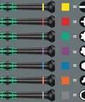 Seven Kraftform Micro Hex Screwdrivers with colored anti-roll handles and tip symbols for different electronics applications