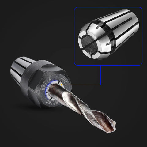 Close-up of ER11 spring collet with drill bit, part of the 9 Pcs ER11 Spring Collet Nut Set With One Eighth Inch Collets And One Fourth Inch Collets And Clamping Nuts For CNC Engraving Milling Lathe Machines Pro Grade Tooling For Your DIY Home Shop Wood And Metalworking Projects, showing precision tooling for CNC applications.