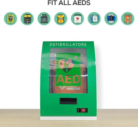 Front view of green steel AED defibrillator storage cabinet with viewing window and digital display