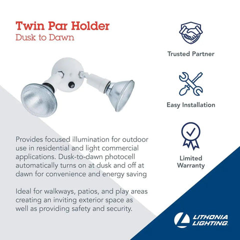 Outdoor Dusk To Dawn Security Flood Light With Twin PAR Holder Photocell Sensor 120 Volt White Heavy Duty All Weather