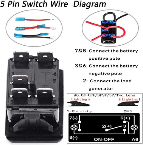 Diagram and components of 2Pack 5 Pin SPST Rocker Switch Kit With Jumper Wires 12V 20A On Off Momentary Toggle