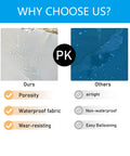 Comparison of waterproof fabric properties; our material is porous, waterproof, wear-resisting vs others non-waterproof, easy ballooning.