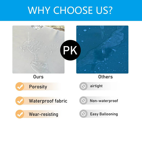 Comparison of waterproof fabric properties; our material is porous, waterproof, wear-resisting vs others non-waterproof, easy ballooning.