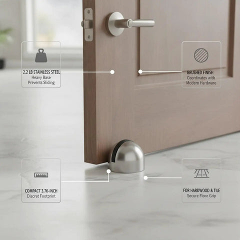 Heavy 2.2 Lb Stainless Steel Door Stop Wedge With Brushed Finish Floor Holder for Hardwood and Tile shown securing door open